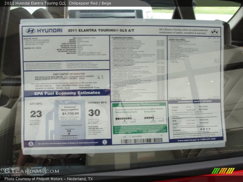  2011 Elantra Touring GLS Window Sticker