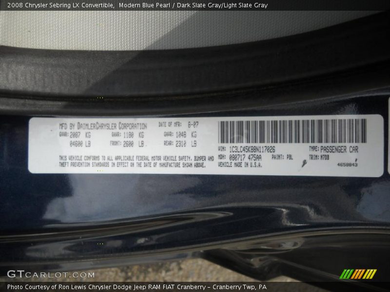 Modern Blue Pearl / Dark Slate Gray/Light Slate Gray 2008 Chrysler Sebring LX Convertible