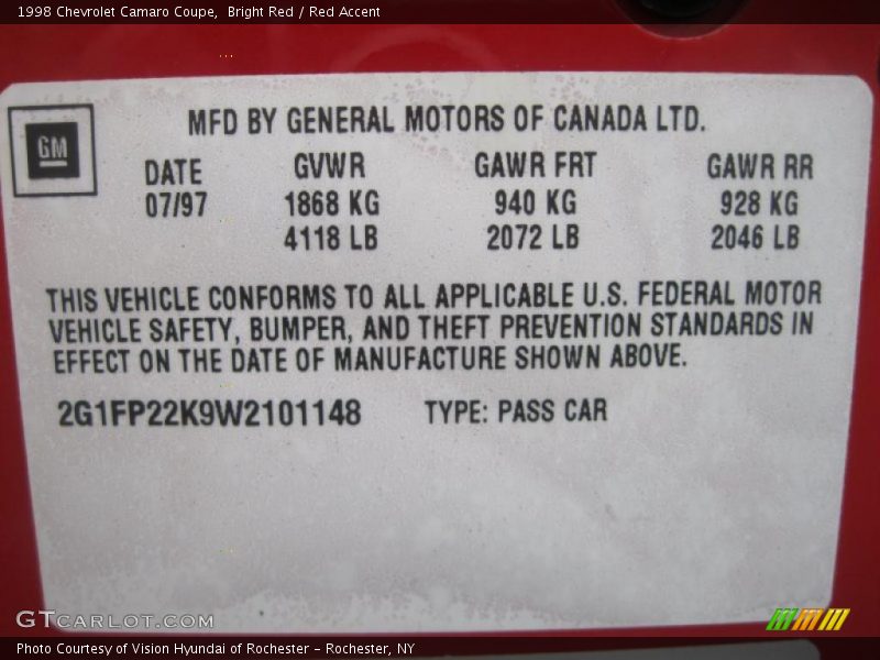 Bright Red / Red Accent 1998 Chevrolet Camaro Coupe