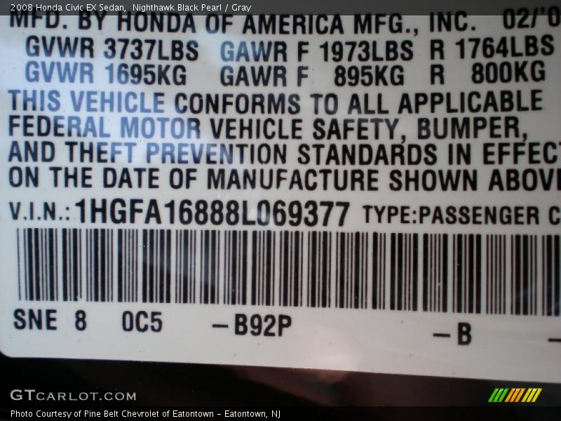 Nighthawk Black Pearl / Gray 2008 Honda Civic EX Sedan