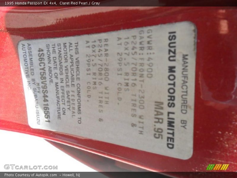 Info Tag of 1995 Passport EX 4x4