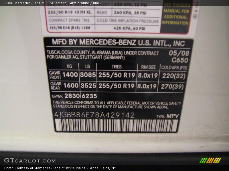 Arctic White / Black 2008 Mercedes-Benz ML 350 4Matic