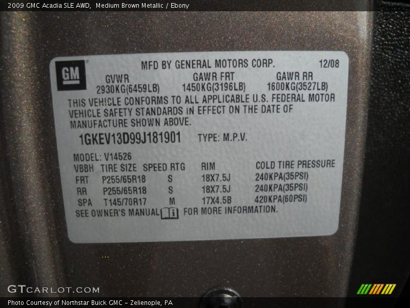 Info Tag of 2009 Acadia SLE AWD