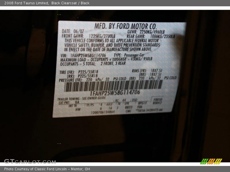 Black Clearcoat / Black 2008 Ford Taurus Limited