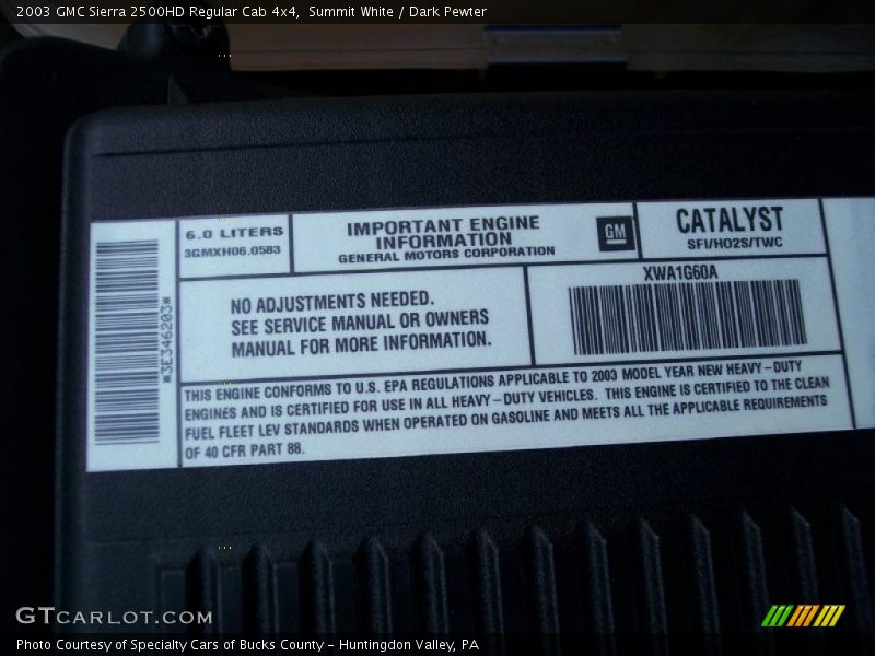 Info Tag of 2003 Sierra 2500HD Regular Cab 4x4