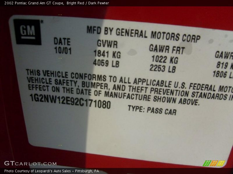 Bright Red / Dark Pewter 2002 Pontiac Grand Am GT Coupe