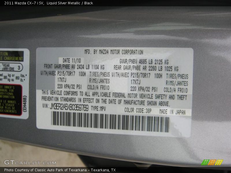 Liquid Silver Metallic / Black 2011 Mazda CX-7 i SV
