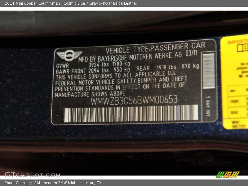 Cosmic Blue / Gravity Polar Beige Leather 2011 Mini Cooper Countryman