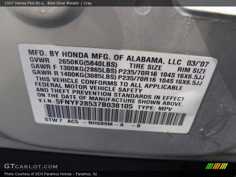 Billet Silver Metallic / Gray 2007 Honda Pilot EX-L
