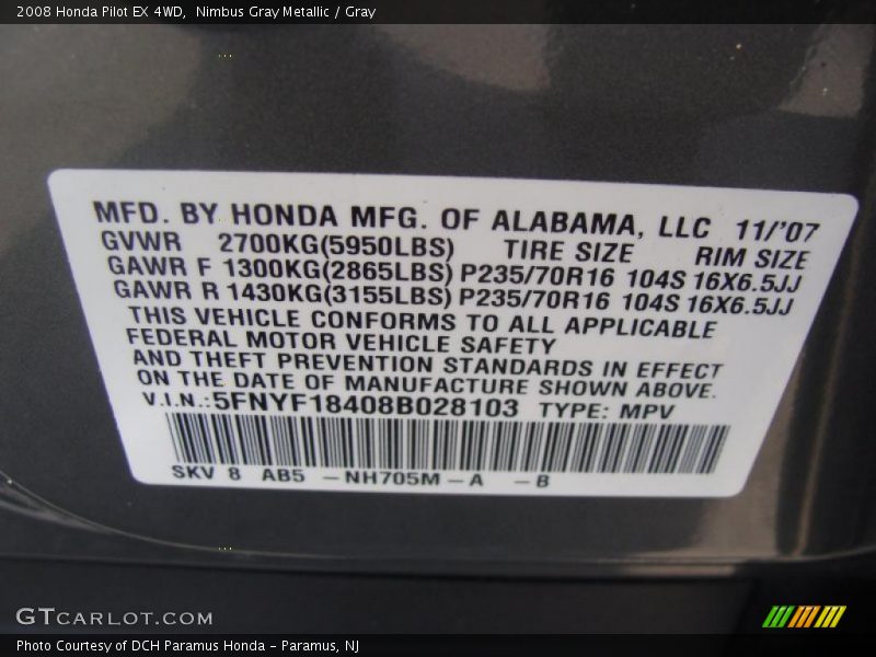 Nimbus Gray Metallic / Gray 2008 Honda Pilot EX 4WD