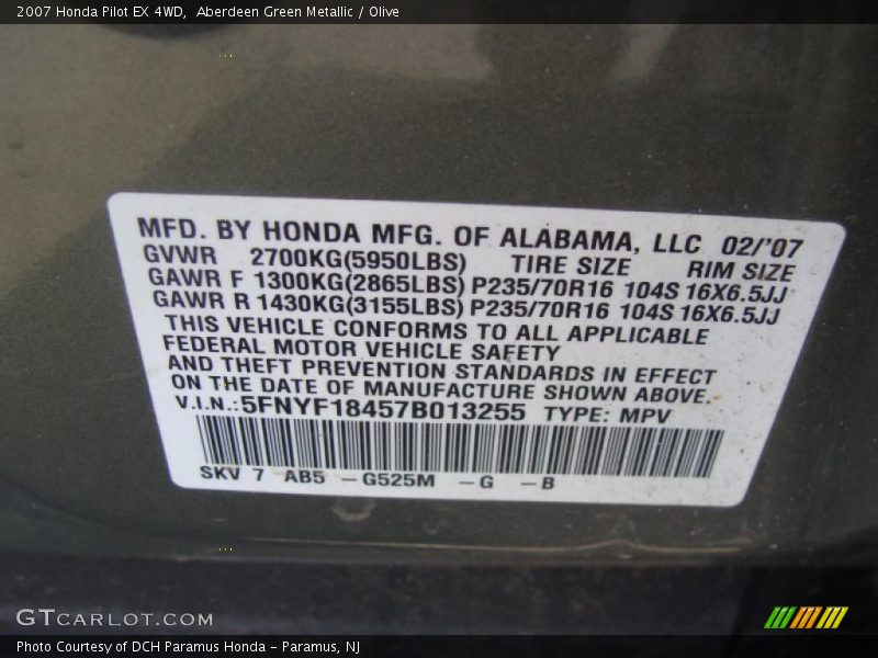 Aberdeen Green Metallic / Olive 2007 Honda Pilot EX 4WD