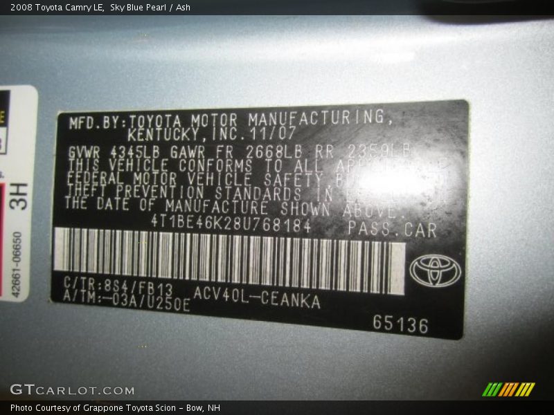 Sky Blue Pearl / Ash 2008 Toyota Camry LE