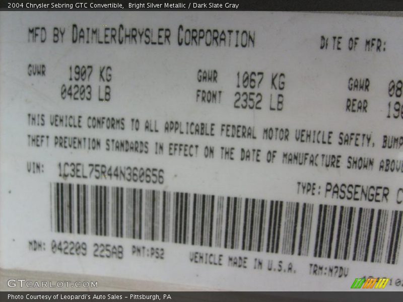 Bright Silver Metallic / Dark Slate Gray 2004 Chrysler Sebring GTC Convertible