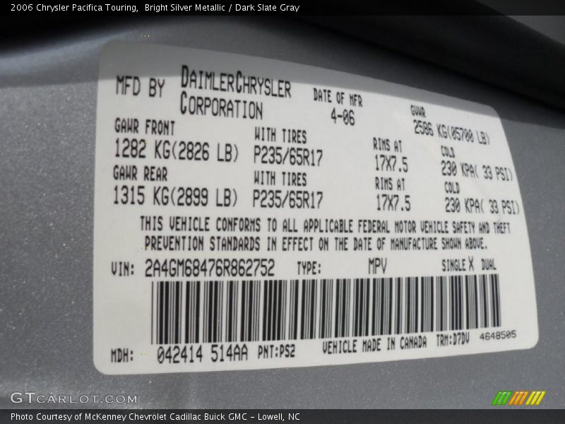 Bright Silver Metallic / Dark Slate Gray 2006 Chrysler Pacifica Touring