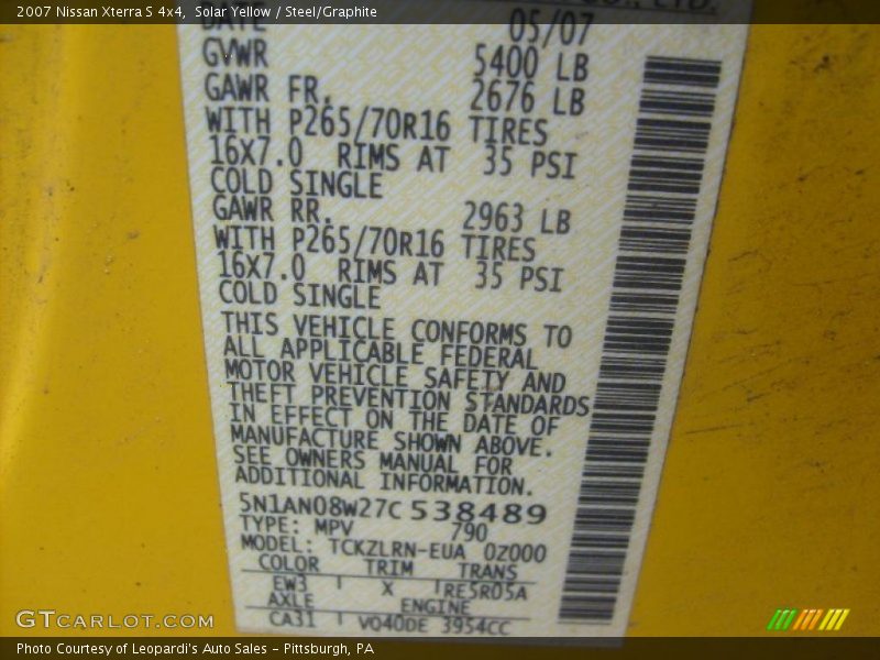 Solar Yellow / Steel/Graphite 2007 Nissan Xterra S 4x4