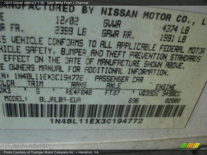 Satin White Pearl / Charcoal 2003 Nissan Altima 3.5 SE