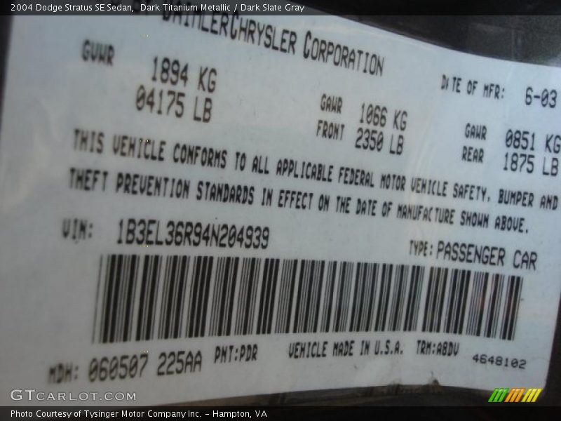 Dark Titanium Metallic / Dark Slate Gray 2004 Dodge Stratus SE Sedan