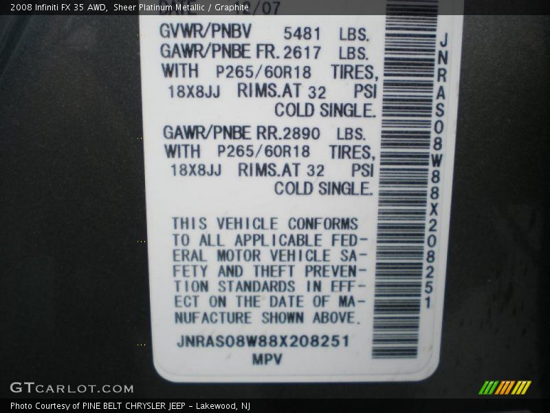 Sheer Platinum Metallic / Graphite 2008 Infiniti FX 35 AWD