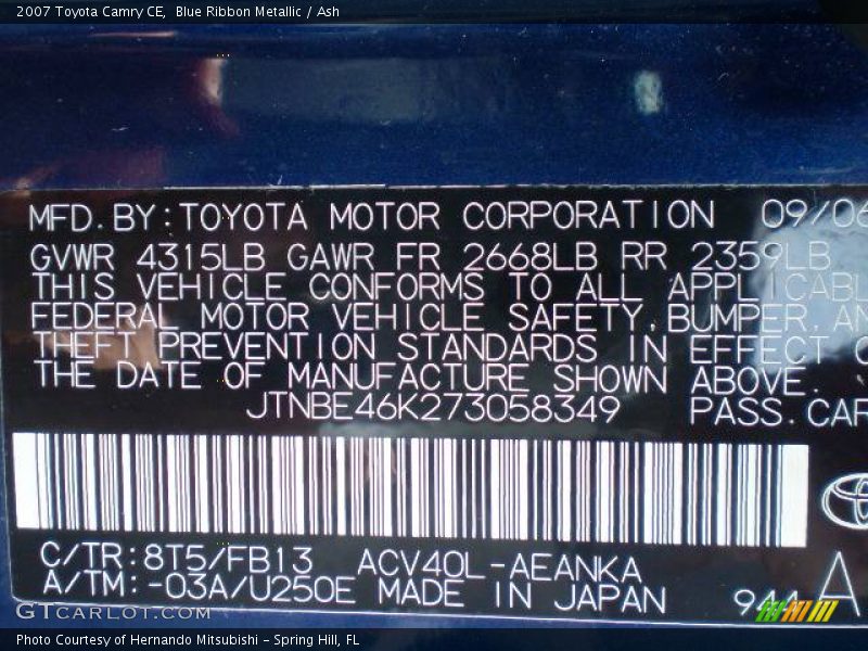 Blue Ribbon Metallic / Ash 2007 Toyota Camry CE
