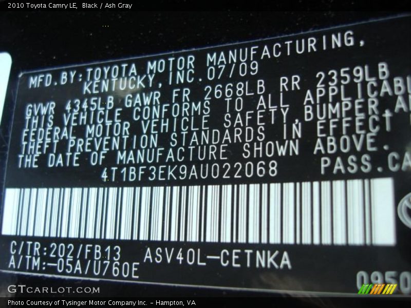 Black / Ash Gray 2010 Toyota Camry LE