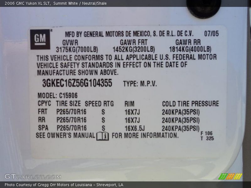 Info Tag of 2006 Yukon XL SLT