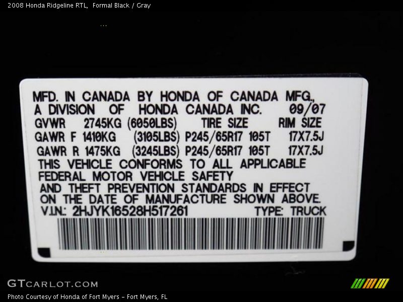 Formal Black / Gray 2008 Honda Ridgeline RTL