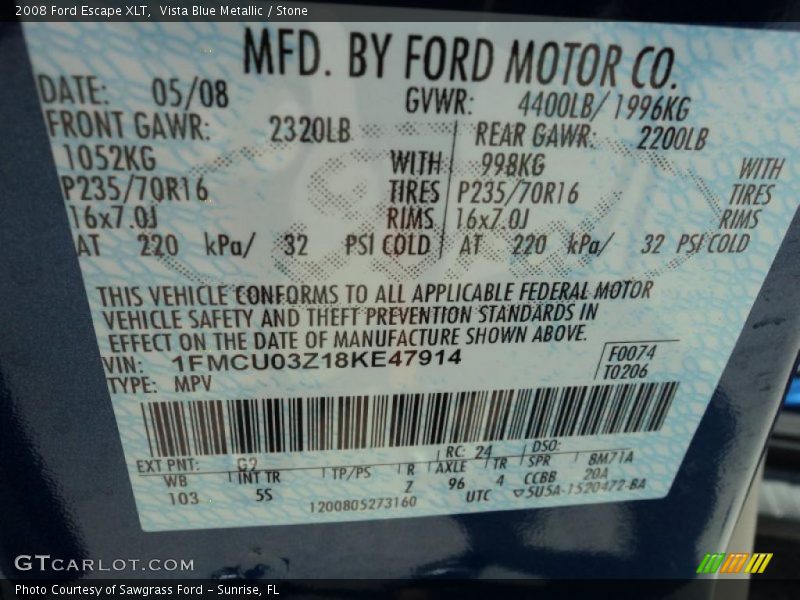 Vista Blue Metallic / Stone 2008 Ford Escape XLT