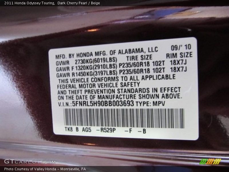 2011 Odyssey Touring Dark Cherry Pearl Color Code R529P