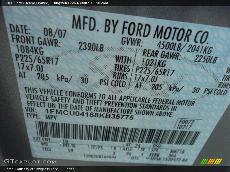 Tungsten Grey Metallic / Charcoal 2008 Ford Escape Limited