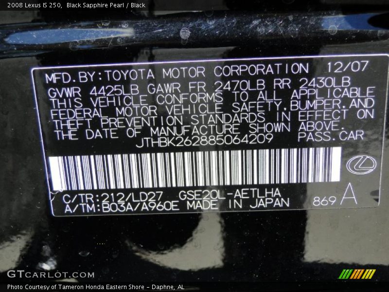 Black Sapphire Pearl / Black 2008 Lexus IS 250