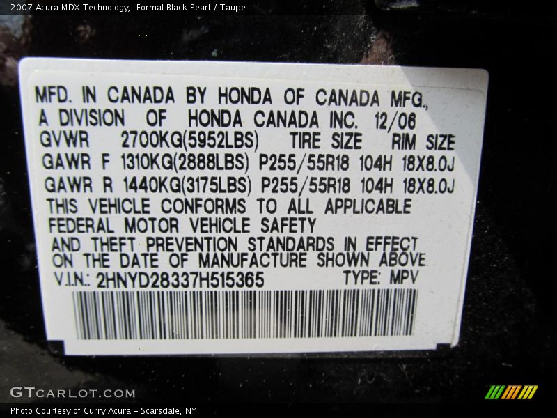 Formal Black Pearl / Taupe 2007 Acura MDX Technology