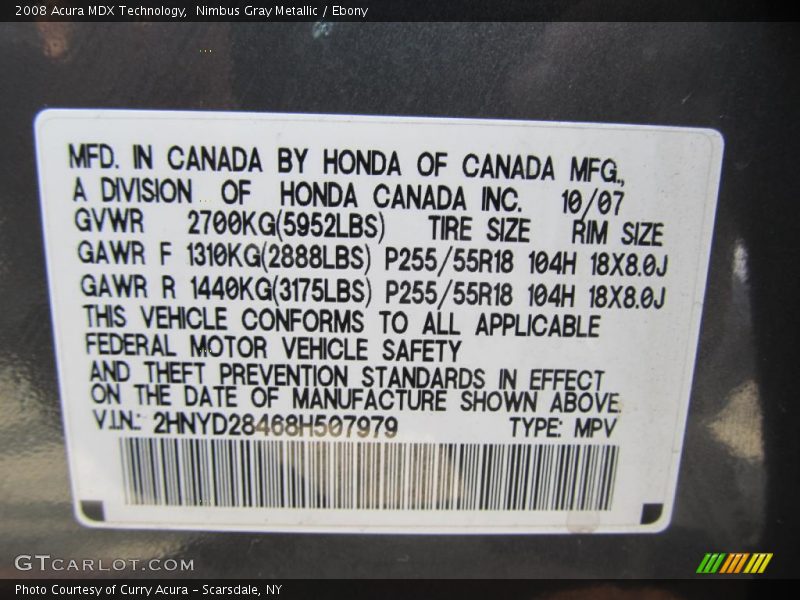 Nimbus Gray Metallic / Ebony 2008 Acura MDX Technology