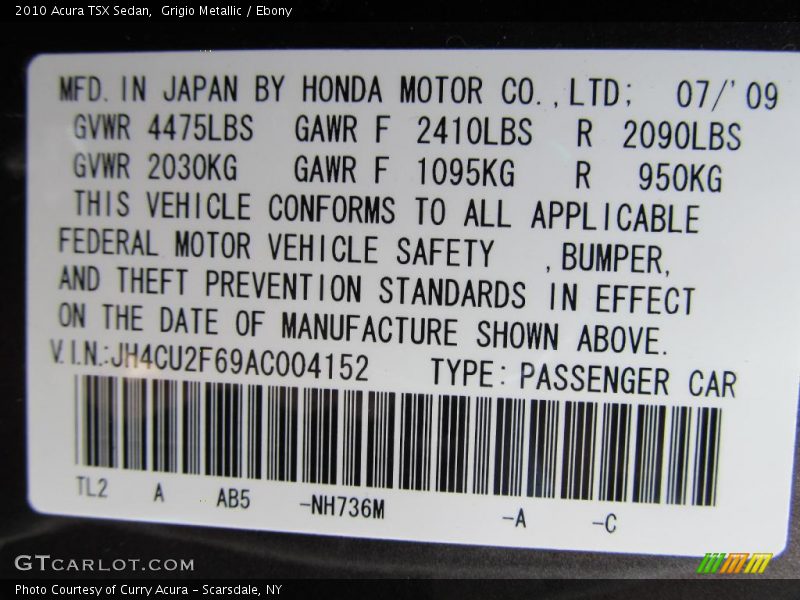 Grigio Metallic / Ebony 2010 Acura TSX Sedan