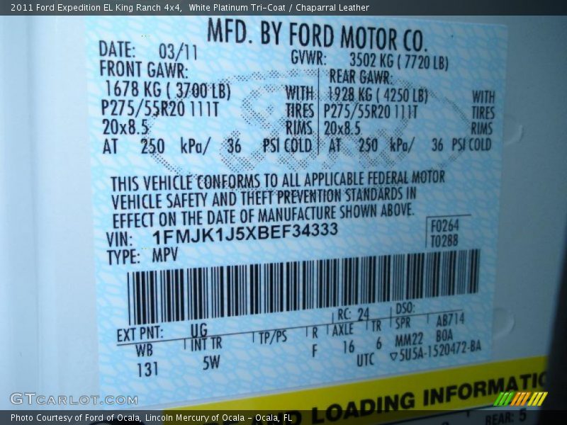 2011 Expedition EL King Ranch 4x4 White Platinum Tri-Coat Color Code UG