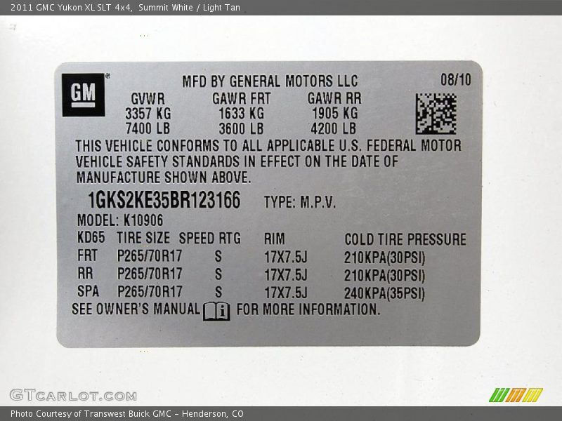 Info Tag of 2011 Yukon XL SLT 4x4