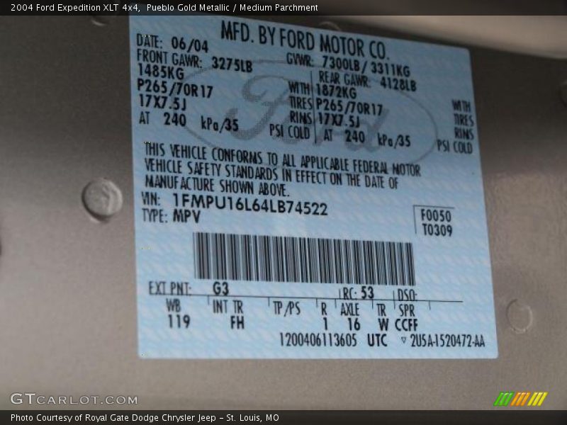 2004 Expedition XLT 4x4 Pueblo Gold Metallic Color Code G3