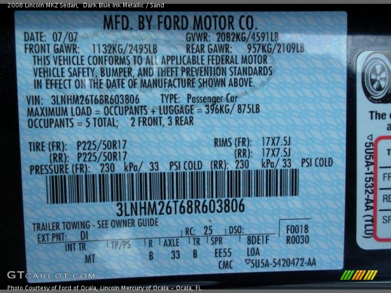 Dark Blue Ink Metallic / Sand 2008 Lincoln MKZ Sedan