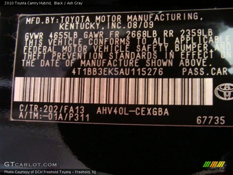 2010 Camry Hybrid Black Color Code 202
