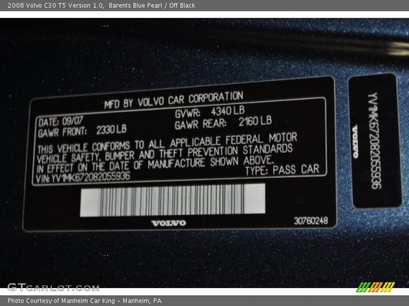 Barents Blue Pearl / Off Black 2008 Volvo C30 T5 Version 1.0