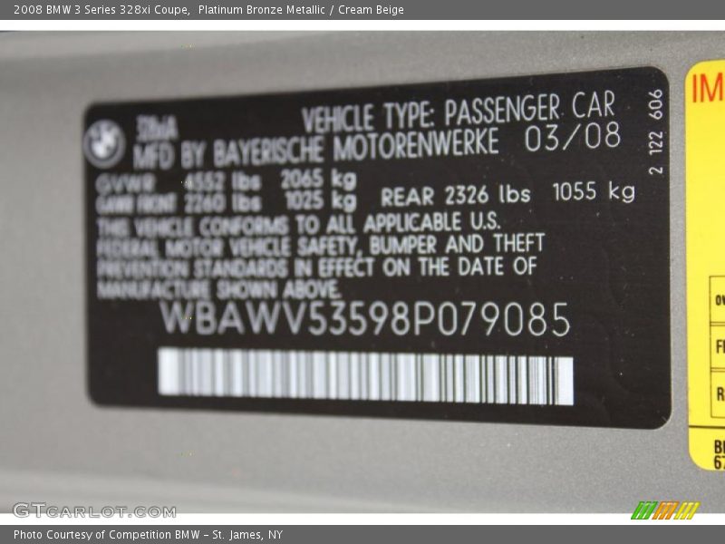 Platinum Bronze Metallic / Cream Beige 2008 BMW 3 Series 328xi Coupe