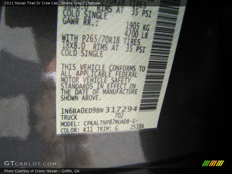 Smoke Gray / Charcoal 2011 Nissan Titan SV Crew Cab