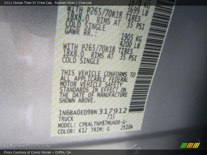 Radiant Silver / Charcoal 2011 Nissan Titan SV Crew Cab