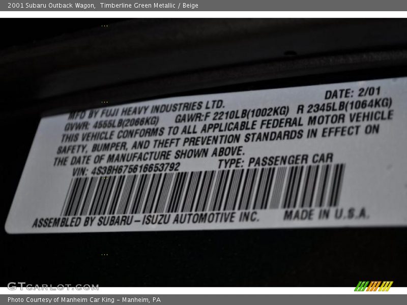 Timberline Green Metallic / Beige 2001 Subaru Outback Wagon