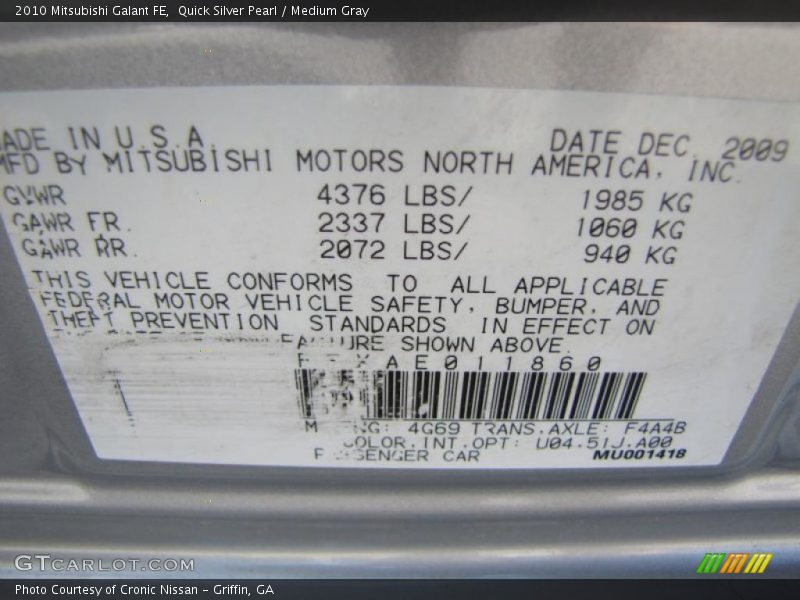 Quick Silver Pearl / Medium Gray 2010 Mitsubishi Galant FE