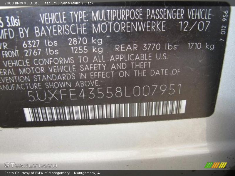 Titanium Silver Metallic / Black 2008 BMW X5 3.0si