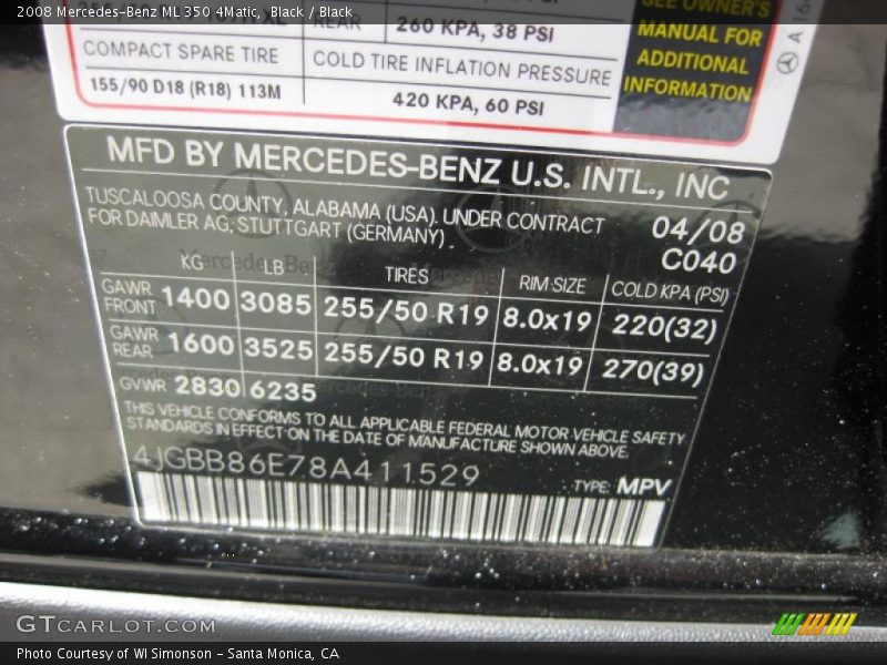 Black / Black 2008 Mercedes-Benz ML 350 4Matic