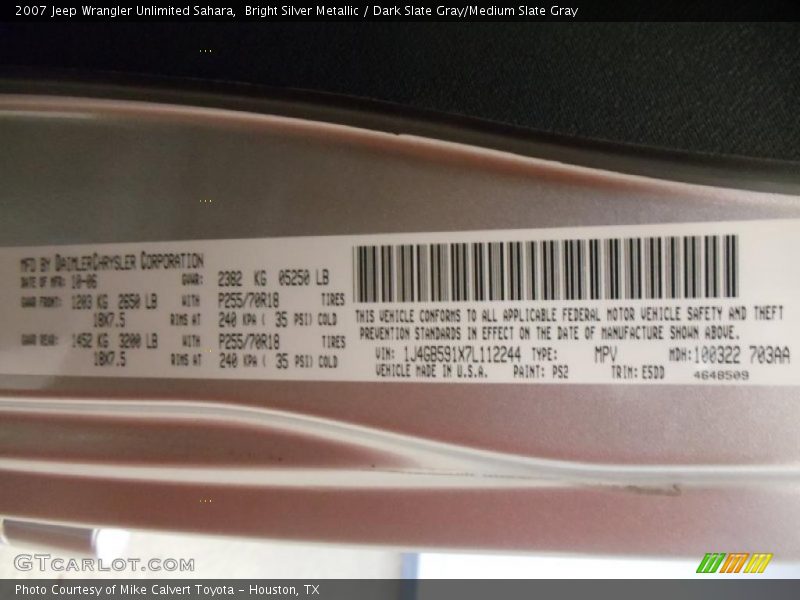 Bright Silver Metallic / Dark Slate Gray/Medium Slate Gray 2007 Jeep Wrangler Unlimited Sahara