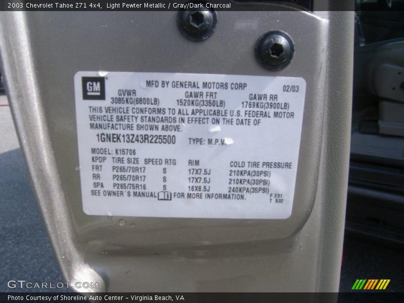 Light Pewter Metallic / Gray/Dark Charcoal 2003 Chevrolet Tahoe Z71 4x4