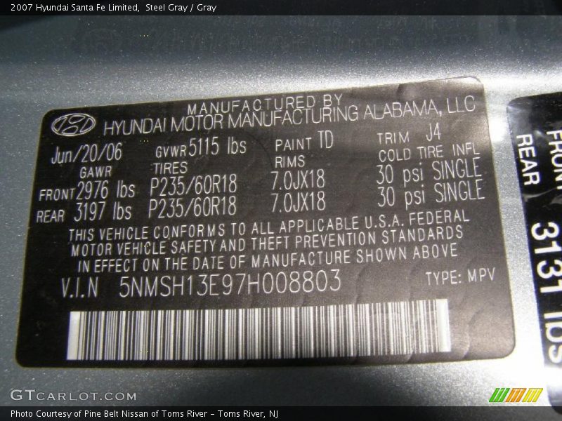 Steel Gray / Gray 2007 Hyundai Santa Fe Limited