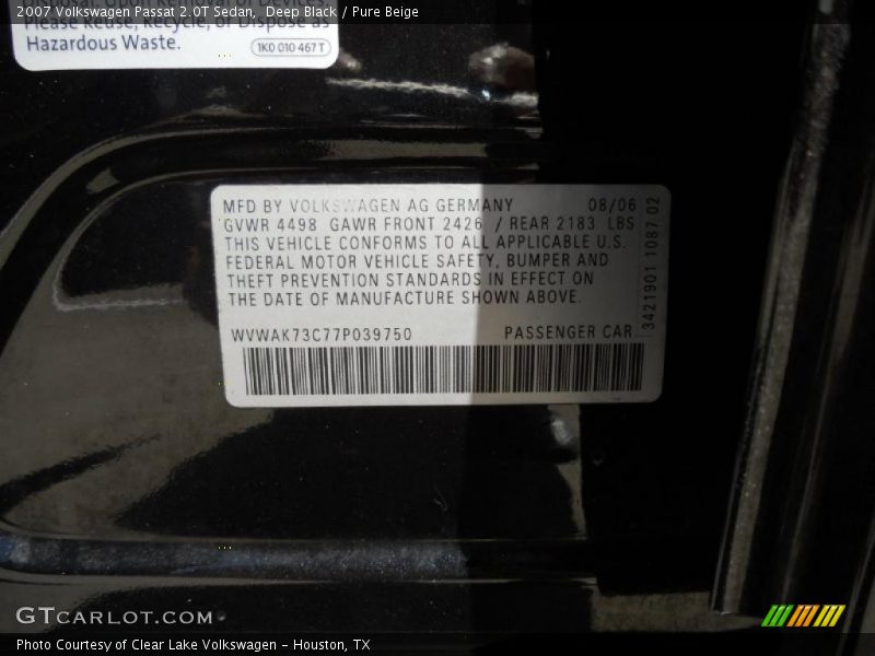 Deep Black / Pure Beige 2007 Volkswagen Passat 2.0T Sedan